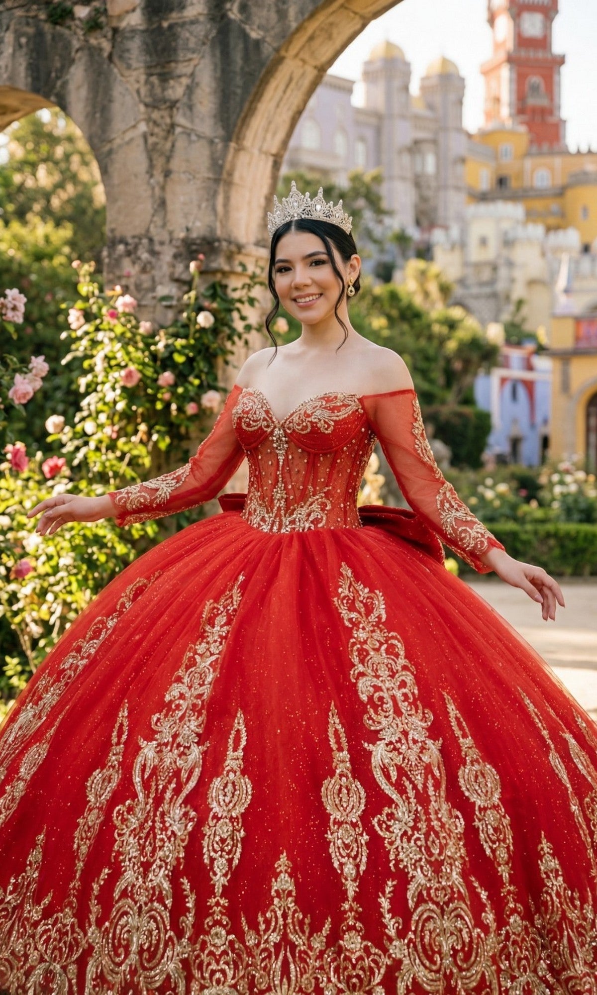 A young woman in the Quinceanera Dress 8545JQ By Cinderella Couture with an off-the-shoulder sweetheart neckline and tiara stands outdoors before a stone arch, flowers, and colorful buildings.
